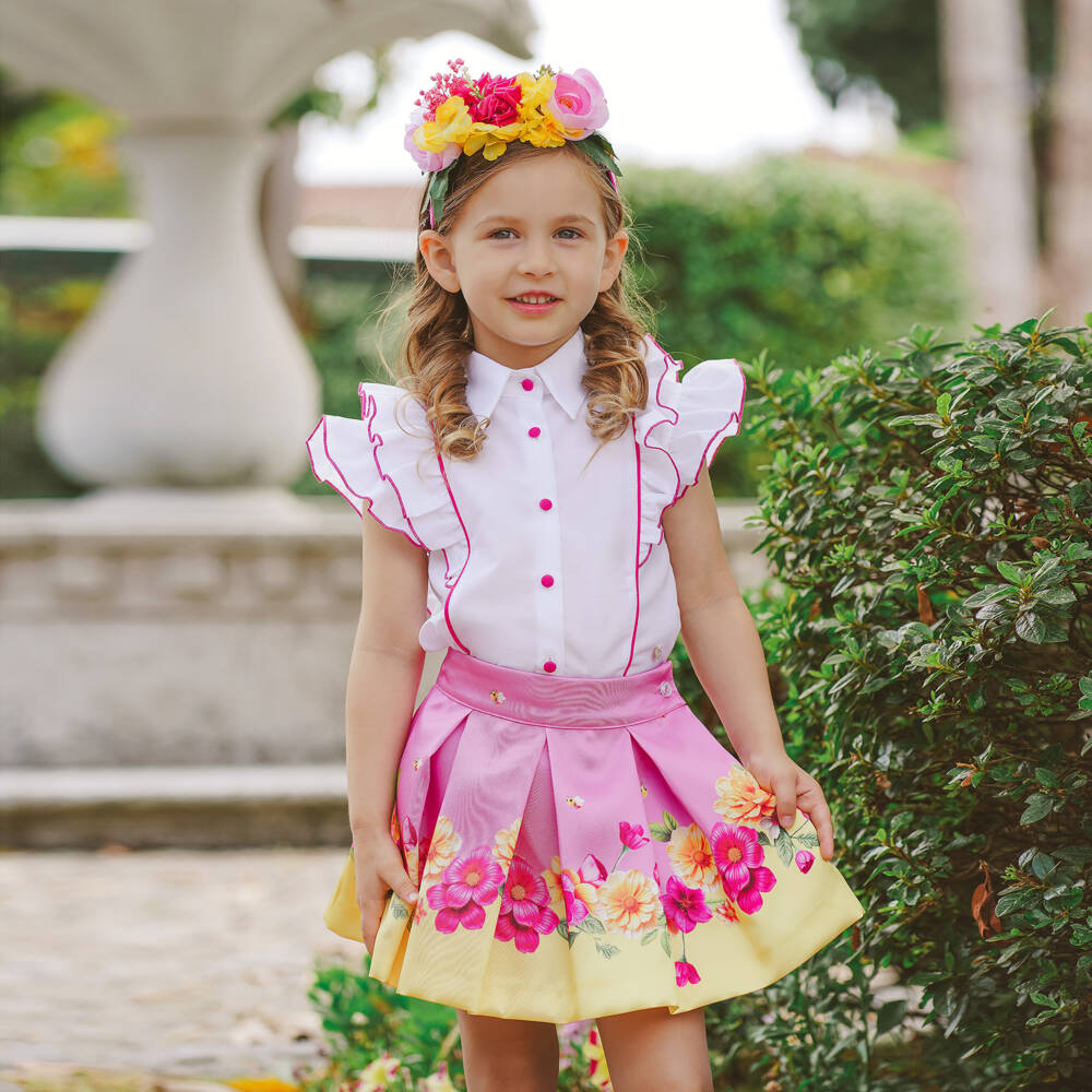 Piccola Speranza-Girls White Blouse with Fuchsia Pink Piping | Childrensalon Outlet