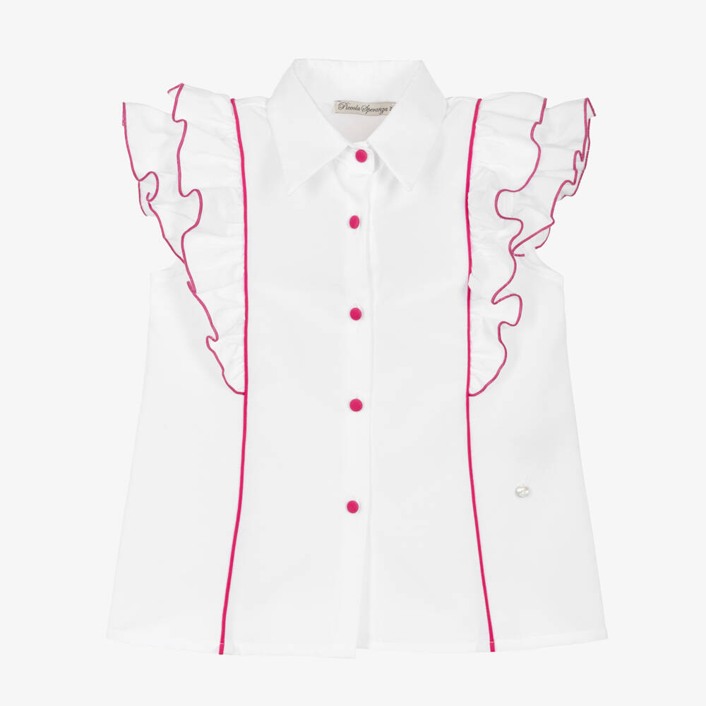 Piccola Speranza-Girls White Blouse with Fuchsia Pink Piping | Childrensalon Outlet