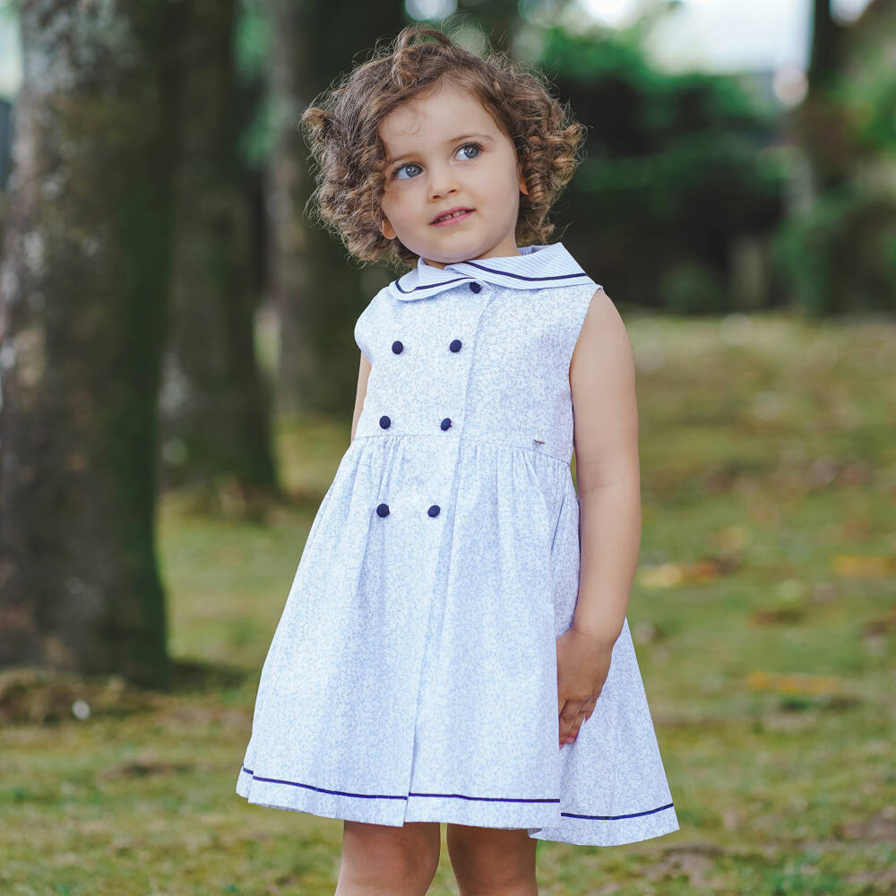 Piccola Speranza-Girls White & Blue Ditsy Floral Sleeveless Cotton Dress | Childrensalon Outlet