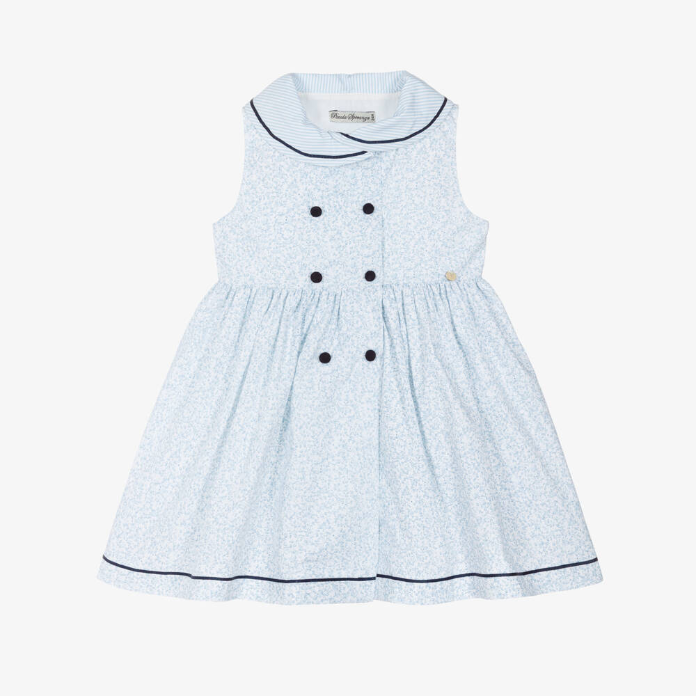 Piccola Speranza-Girls White & Blue Ditsy Floral Sleeveless Cotton Dress | Childrensalon Outlet