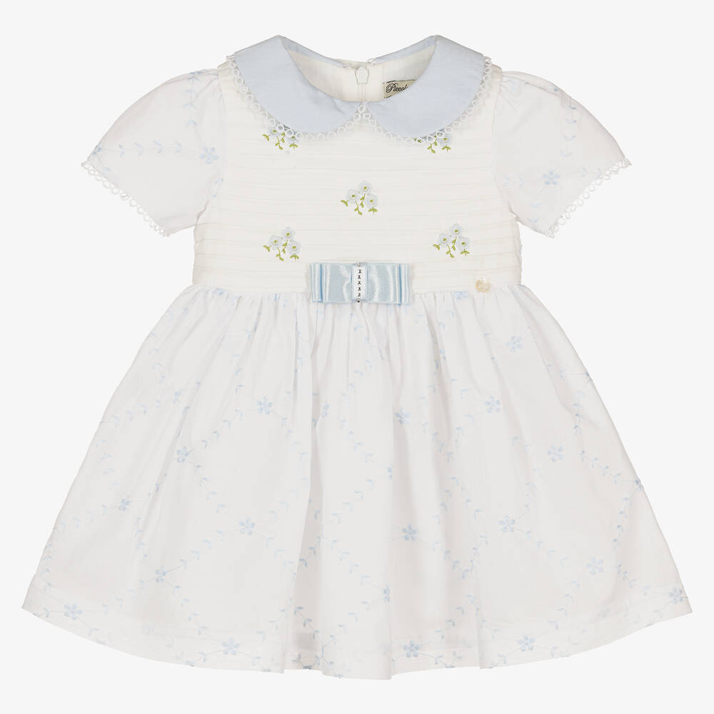 Piccola Speranza - Girls White & Blue Embroidered Cotton Dress | Childrensalon