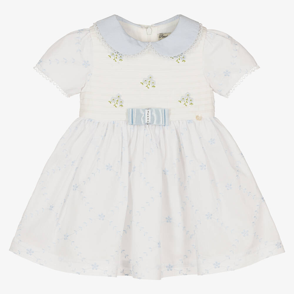 Piccola Speranza-Girls White & Blue Embroidered Cotton Dress | Childrensalon Outlet