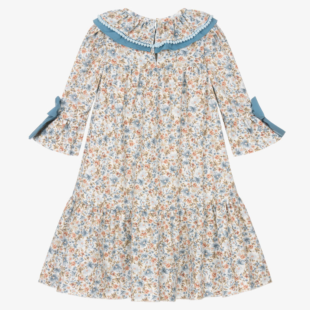 Piccola Speranza-فستان قطن تويل لون أبيض وأزرق بطبعة ورود | Childrensalon Outlet