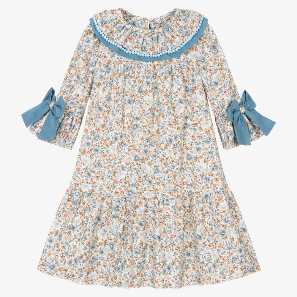 Piccola Speranza - فستان قطن تويل لون أبيض وأزرق بطبعة ورود | Childrensalon