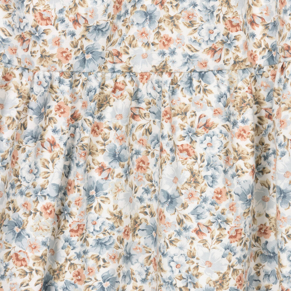 Piccola Speranza-فستان قطن تويل لون أبيض وأزرق بطبعة ورود | Childrensalon Outlet