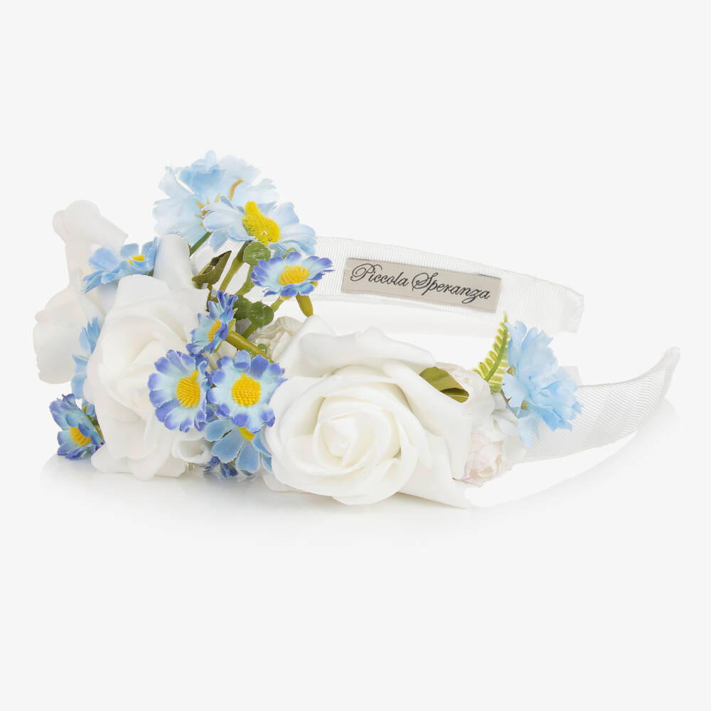 Piccola Speranza-Girls White & Blue Floral Hairband | Childrensalon Outlet