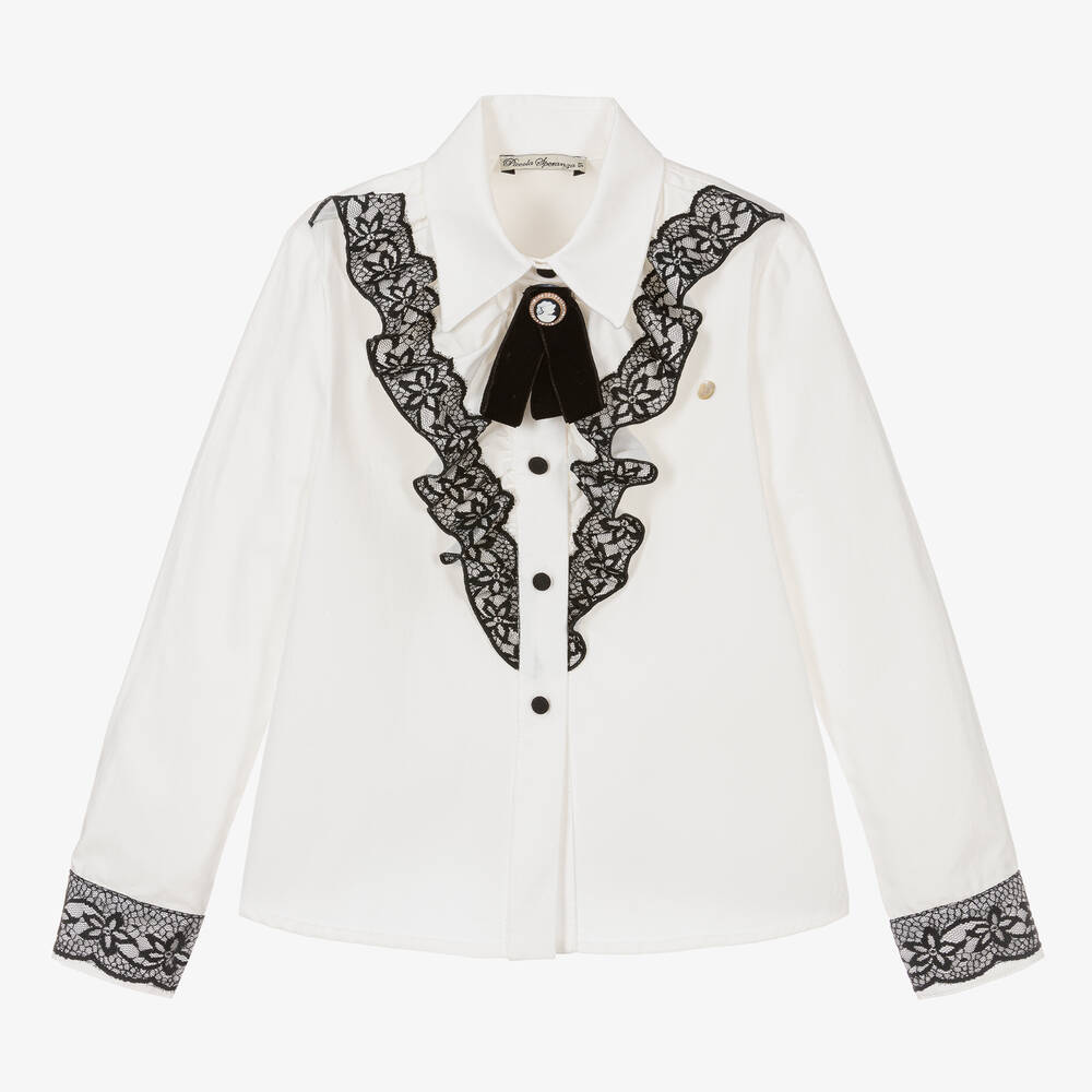 Piccola Speranza - Белая хлопковая блузка с черным кружевом | Childrensalon