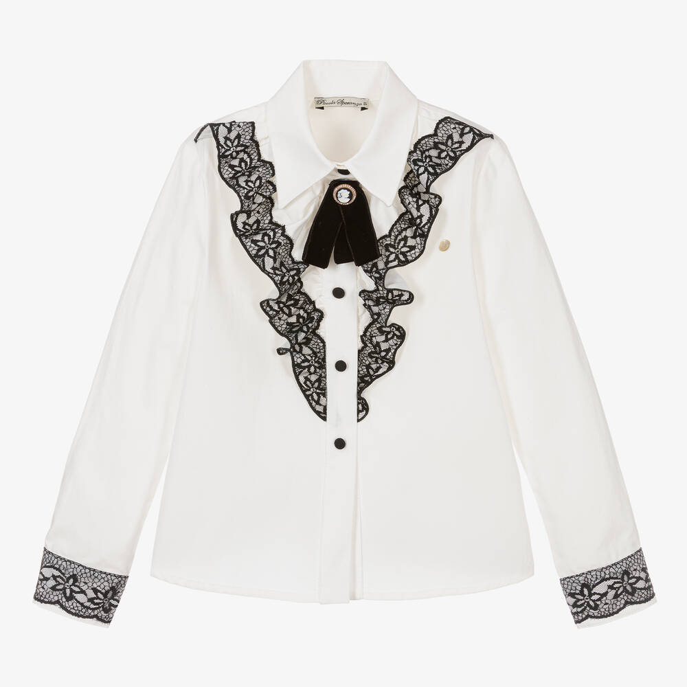 Piccola Speranza - Girls White Cotton & Black Lace Blouse | Childrensalon