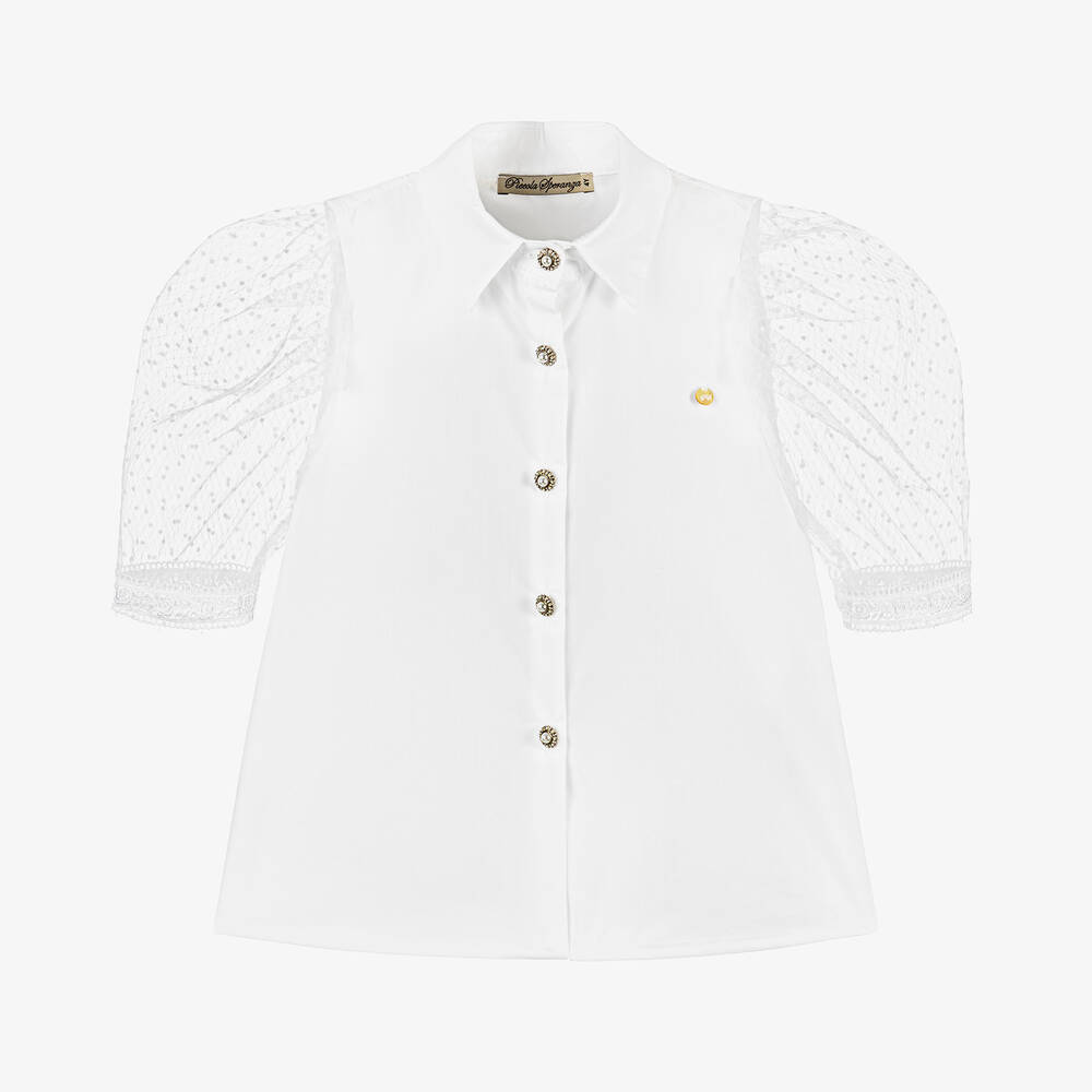 Piccola Speranza-بلوز قطن بوبلين وبروش ساتان لون أبيض للبنات | Childrensalon Outlet