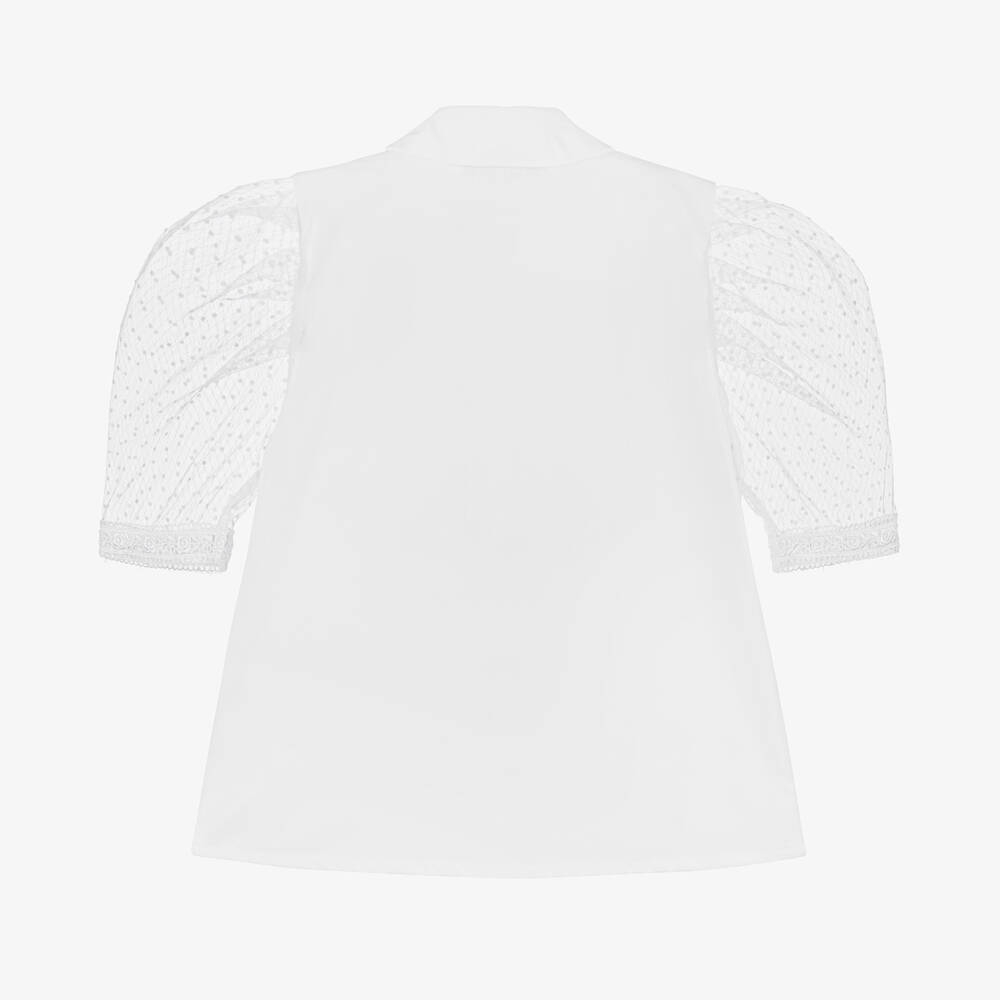 Piccola Speranza-بلوز قطن بوبلين وبروش ساتان لون أبيض للبنات | Childrensalon Outlet