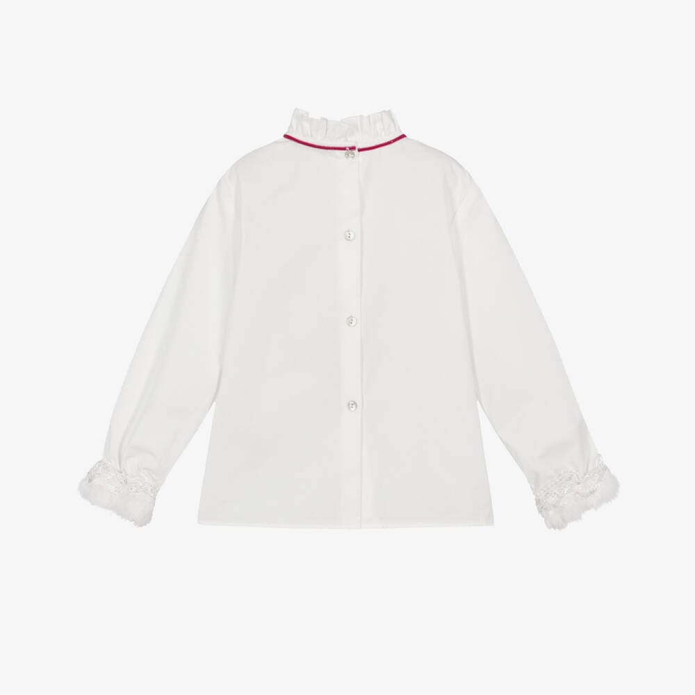 Piccola Speranza-Girls White Cotton Blouse with Velvet Bow & Faux Fur Cuffs | Childrensalon Outlet