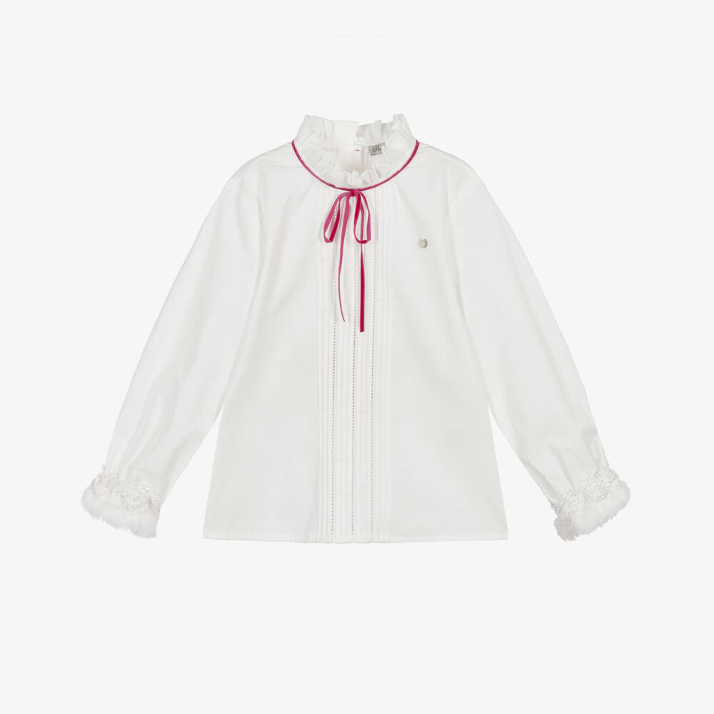 Piccola Speranza-Girls White Cotton Blouse with Velvet Bow & Faux Fur Cuffs | Childrensalon Outlet