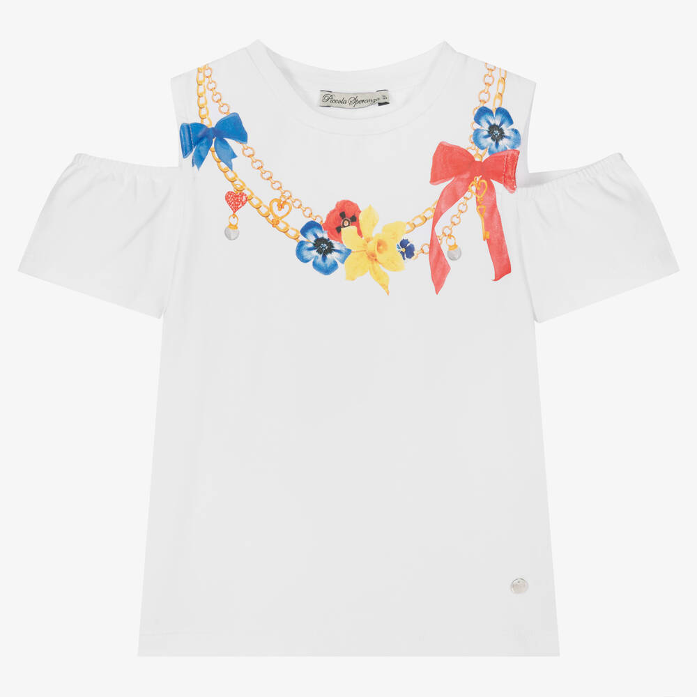 Piccola Speranza - Girls White Cotton Cold Shoulder Top | Childrensalon