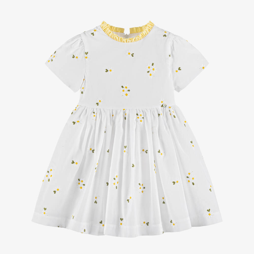 Piccola Speranza-Girls White Cotton Dress with Daisy Embroidery | Childrensalon Outlet