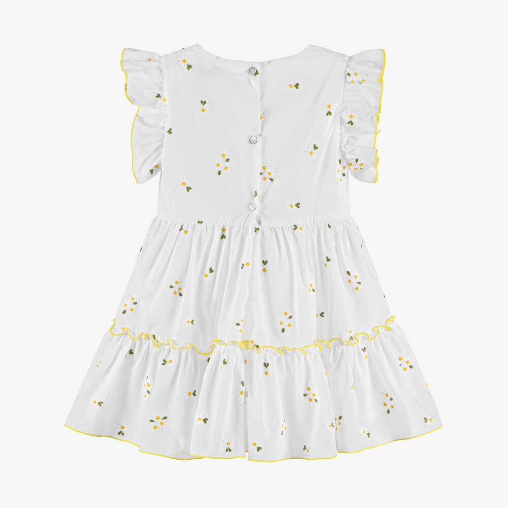 Piccola Speranza-Girls White Cotton Dress with Embroidered Daisies & Ruffles | Childrensalon Outlet