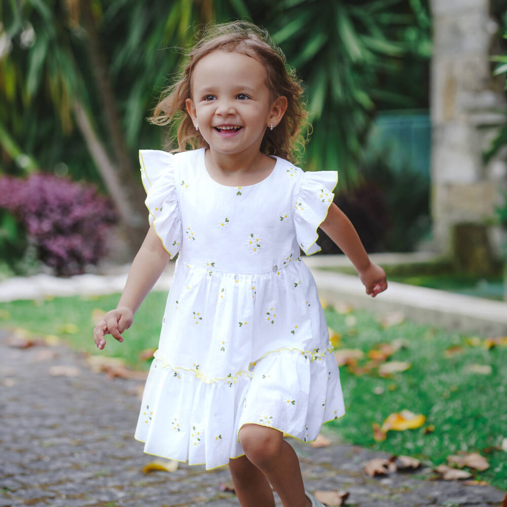 Piccola Speranza-Girls White Cotton Dress with Embroidered Daisies & Ruffles | Childrensalon Outlet