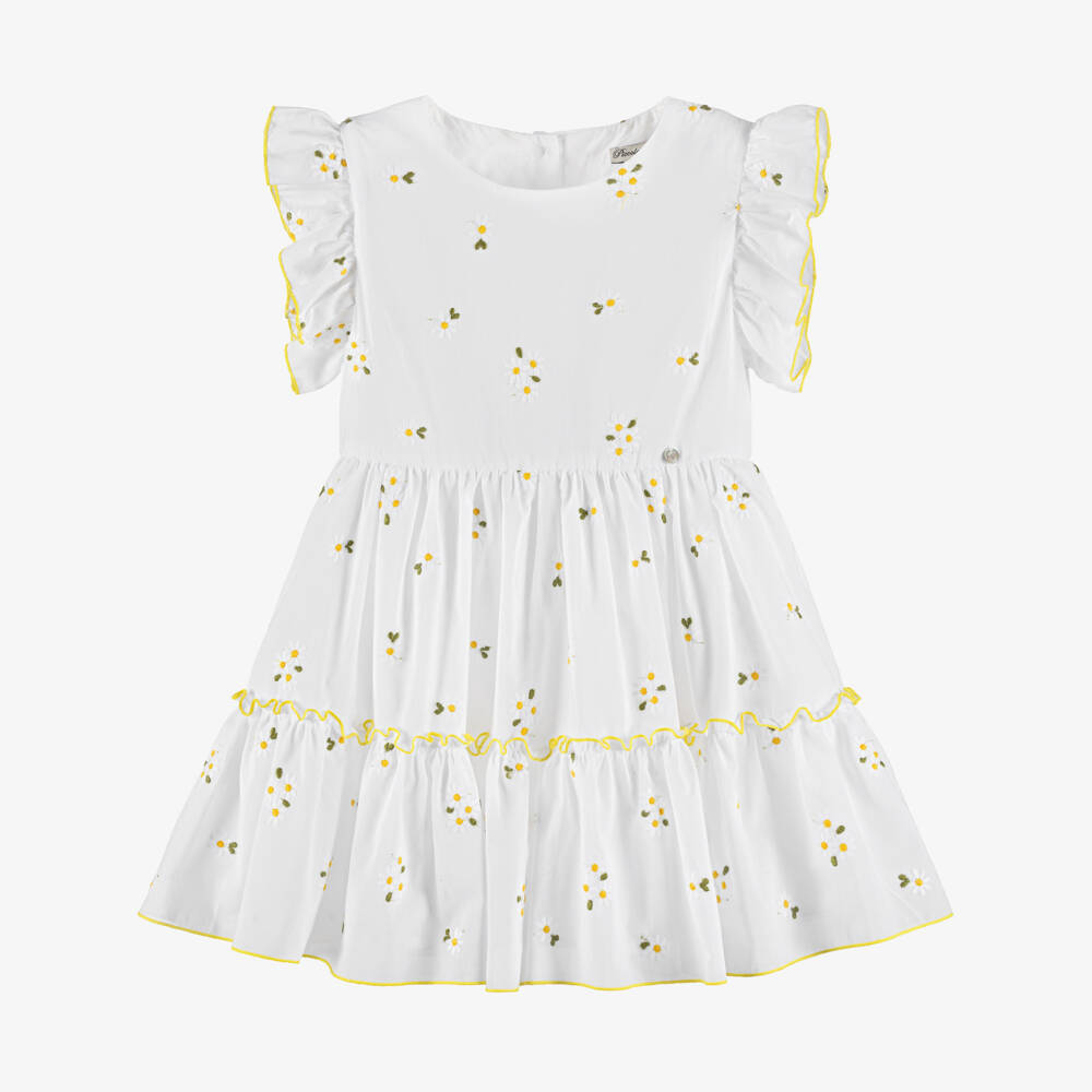 Piccola Speranza-Girls White Cotton Dress with Embroidered Daisies & Ruffles | Childrensalon Outlet