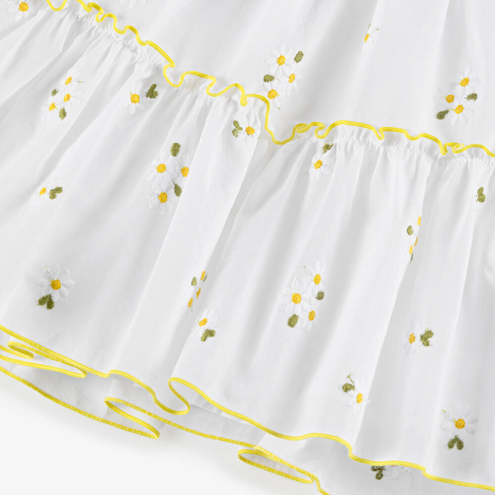 Piccola Speranza-Girls White Cotton Dress with Embroidered Daisies & Ruffles | Childrensalon Outlet