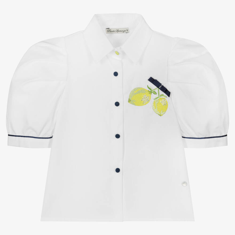 Piccola Speranza - Girls White Cotton Lime Shirt | Childrensalon