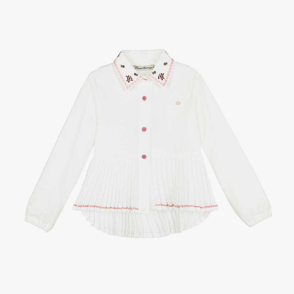 Piccola Speranza - Girls White Cotton Poplin Pleated Shirt  | Childrensalon