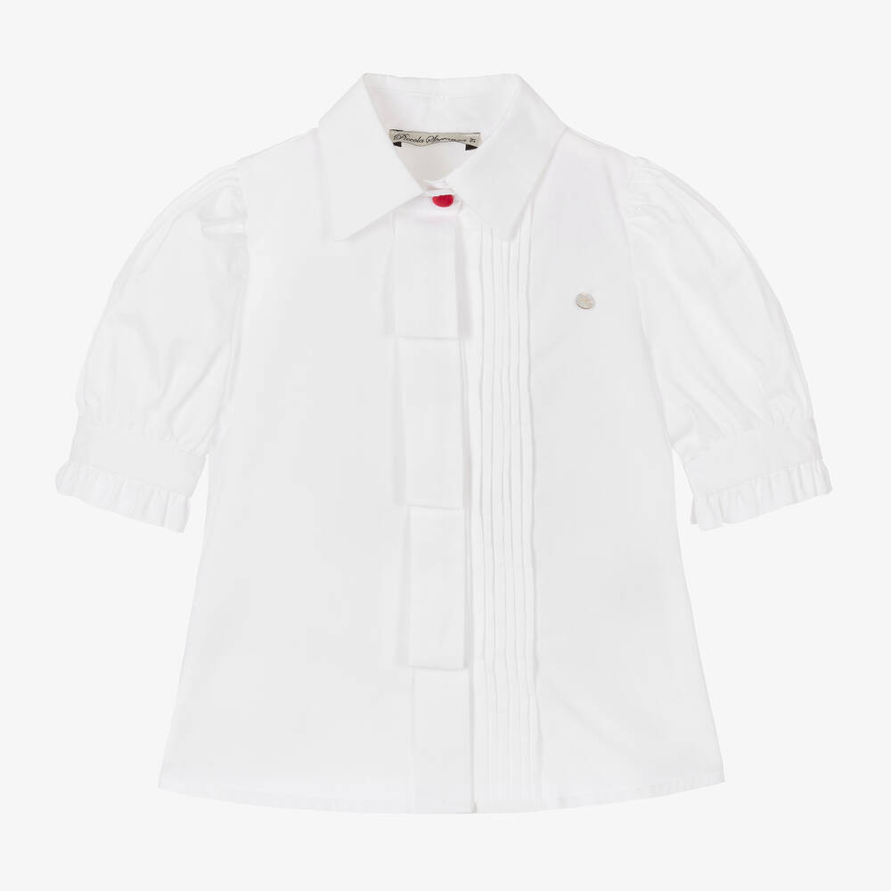 Piccola Speranza-Girls White Cotton Puffed Sleeve Blouse | Childrensalon Outlet
