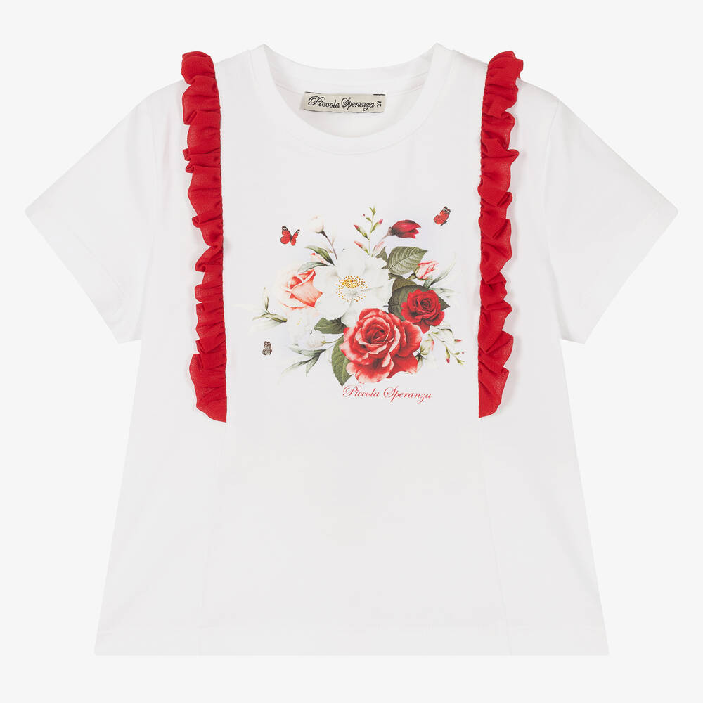 Piccola Speranza-Girls White Cotton Rose T-Shirt | Childrensalon Outlet