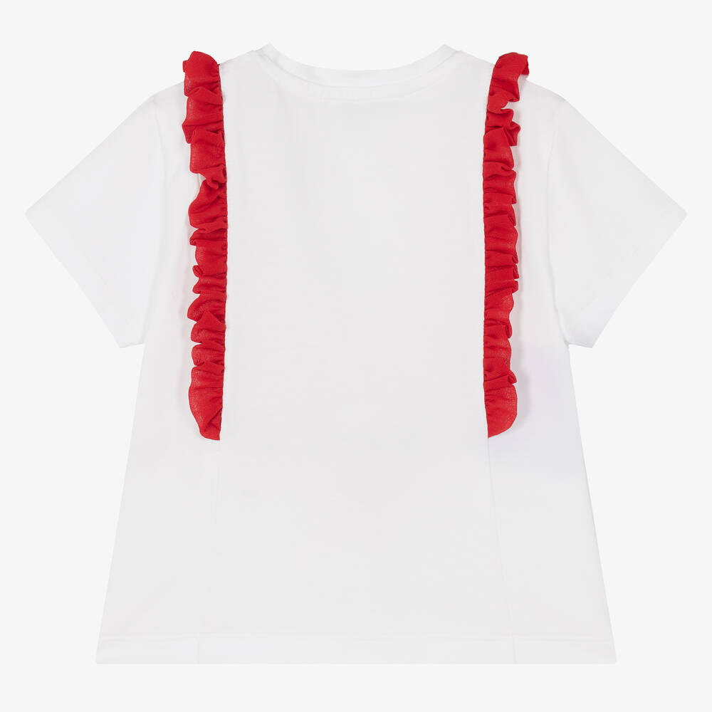 Piccola Speranza-تيشيرت قطن جيرسي لون أبيض مزين بكشكش للبنات | Childrensalon Outlet