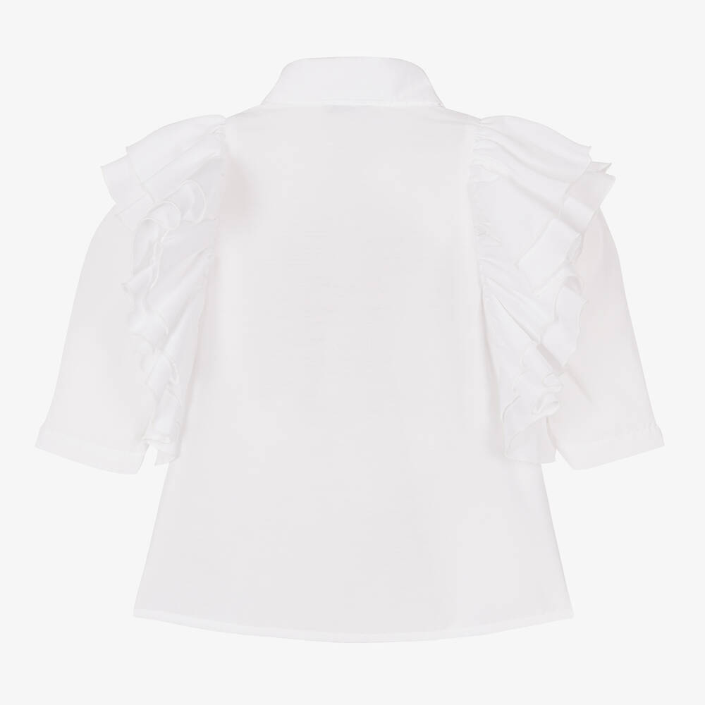 Piccola Speranza-بلوز قطن بوبلين مزين بكشكش لون أبيض للبنات | Childrensalon Outlet