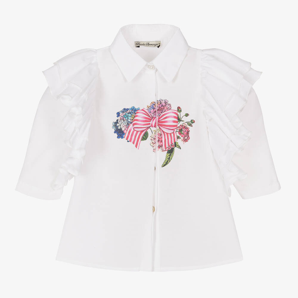 Piccola Speranza - Girls White Cotton Ruffle Blouse | Childrensalon