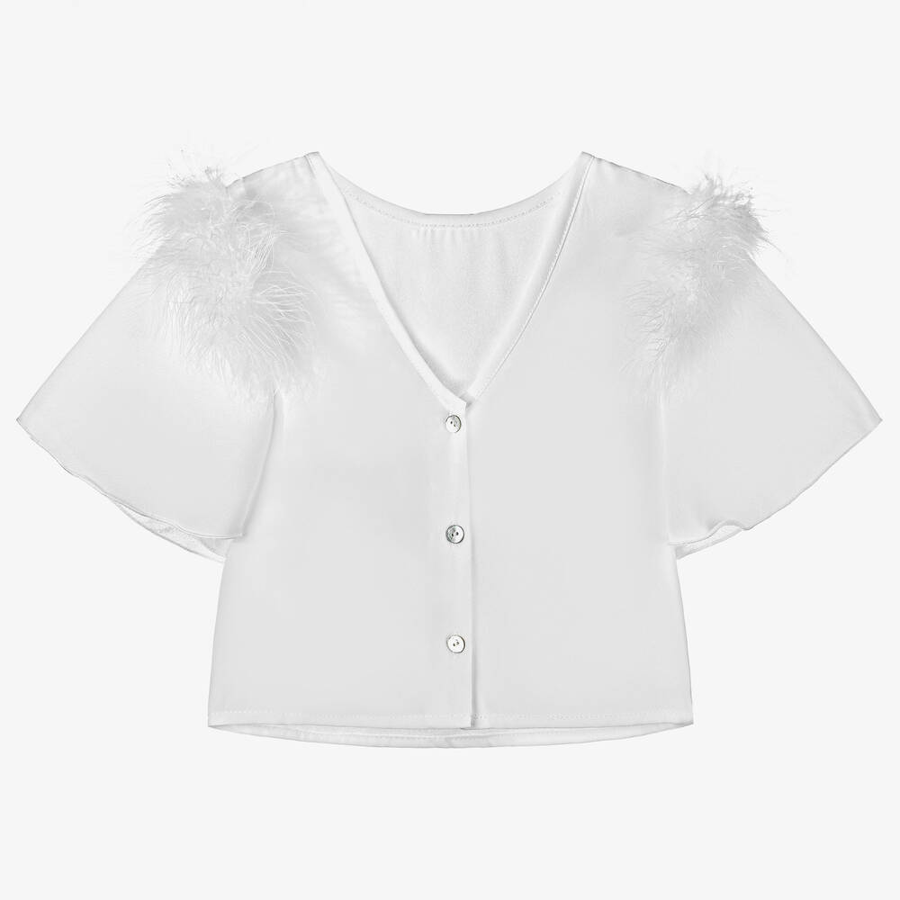 Piccola Speranza-بلوزة كريب وريش لون أبيض للبنات | Childrensalon Outlet