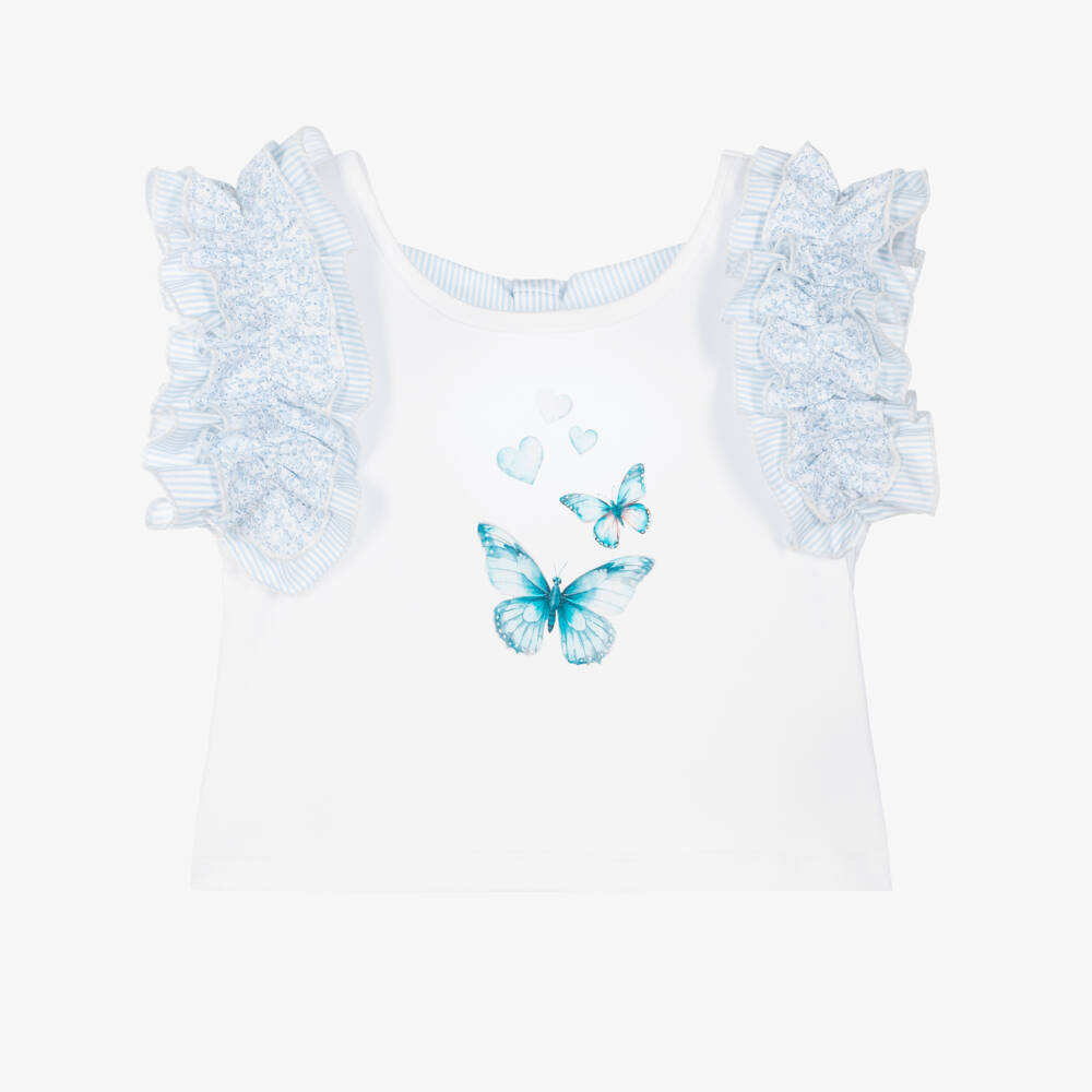 Piccola Speranza-Girls White Cropped T-Shirt with Ruffled Shoulder | Childrensalon Outlet