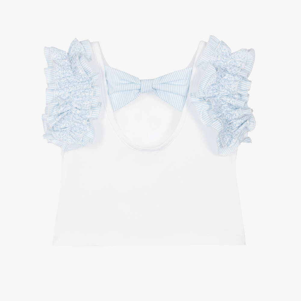 Piccola Speranza-Girls White Cropped T-Shirt with Ruffled Shoulder | Childrensalon Outlet