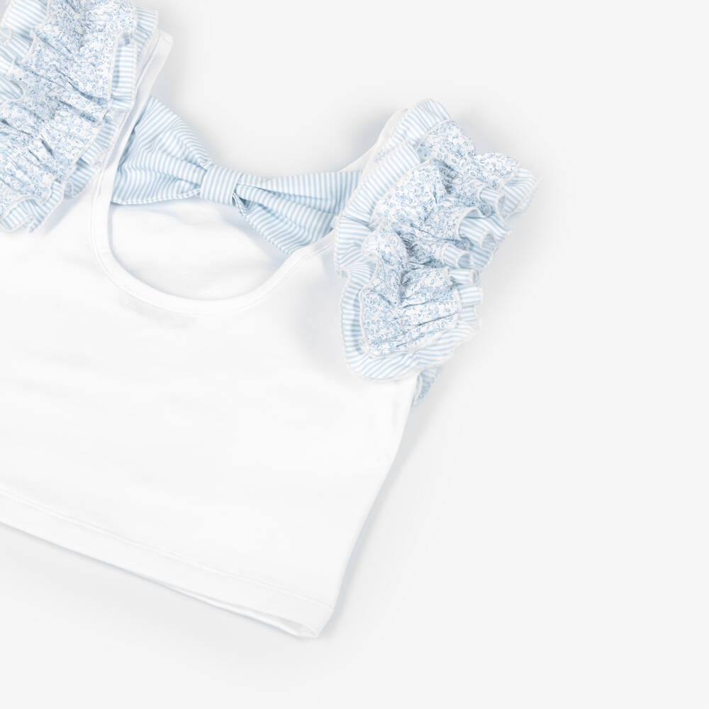 Piccola Speranza-Girls White Cropped T-Shirt with Ruffled Shoulder | Childrensalon Outlet