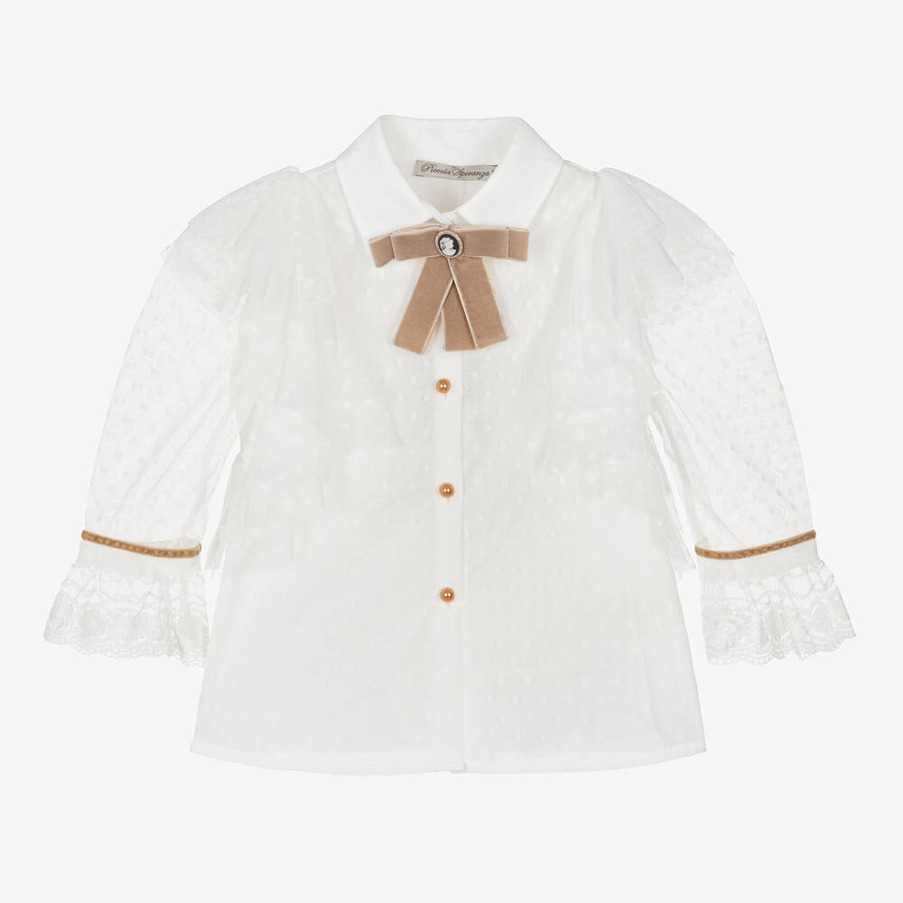 Piccola Speranza - Белая блузка с отделкой из тюля в горошек | Childrensalon
