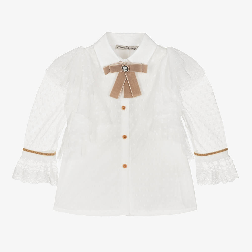 Piccola Speranza-Girls White Dotted Tulle Blouse | Childrensalon Outlet