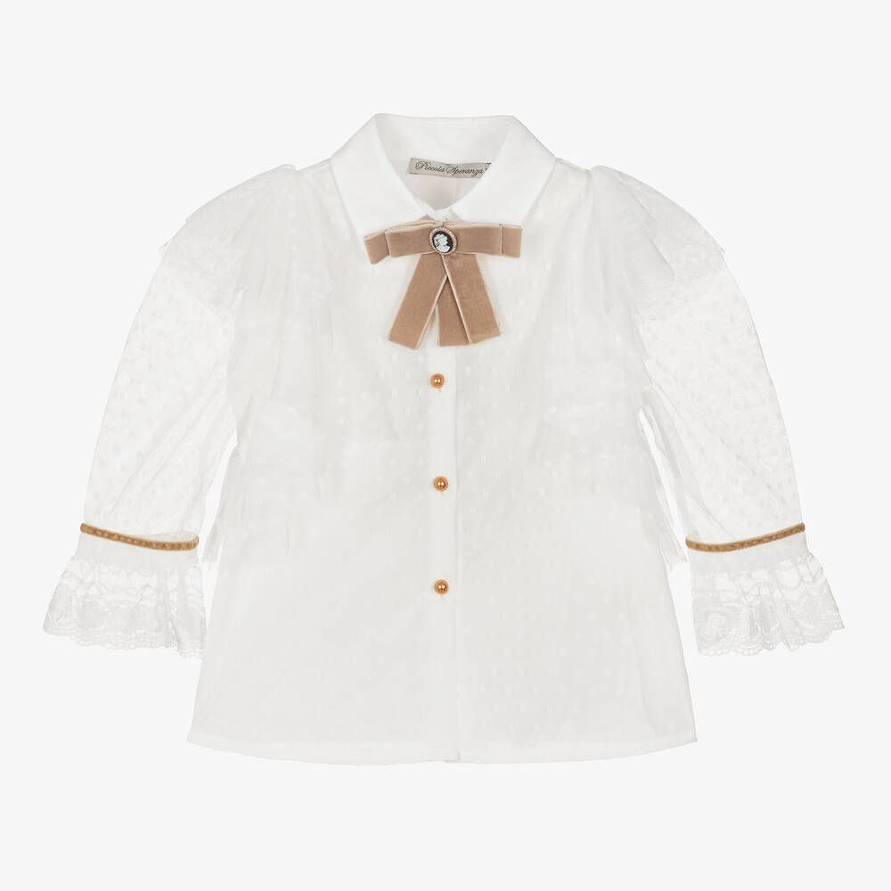 Piccola Speranza - Girls White Dotted Tulle Blouse | Childrensalon