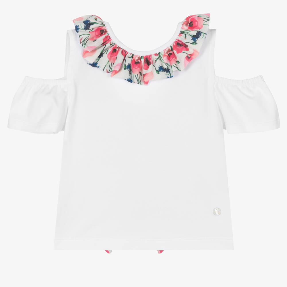 Piccola Speranza-Girls White & Floral Cotton Top | Childrensalon Outlet