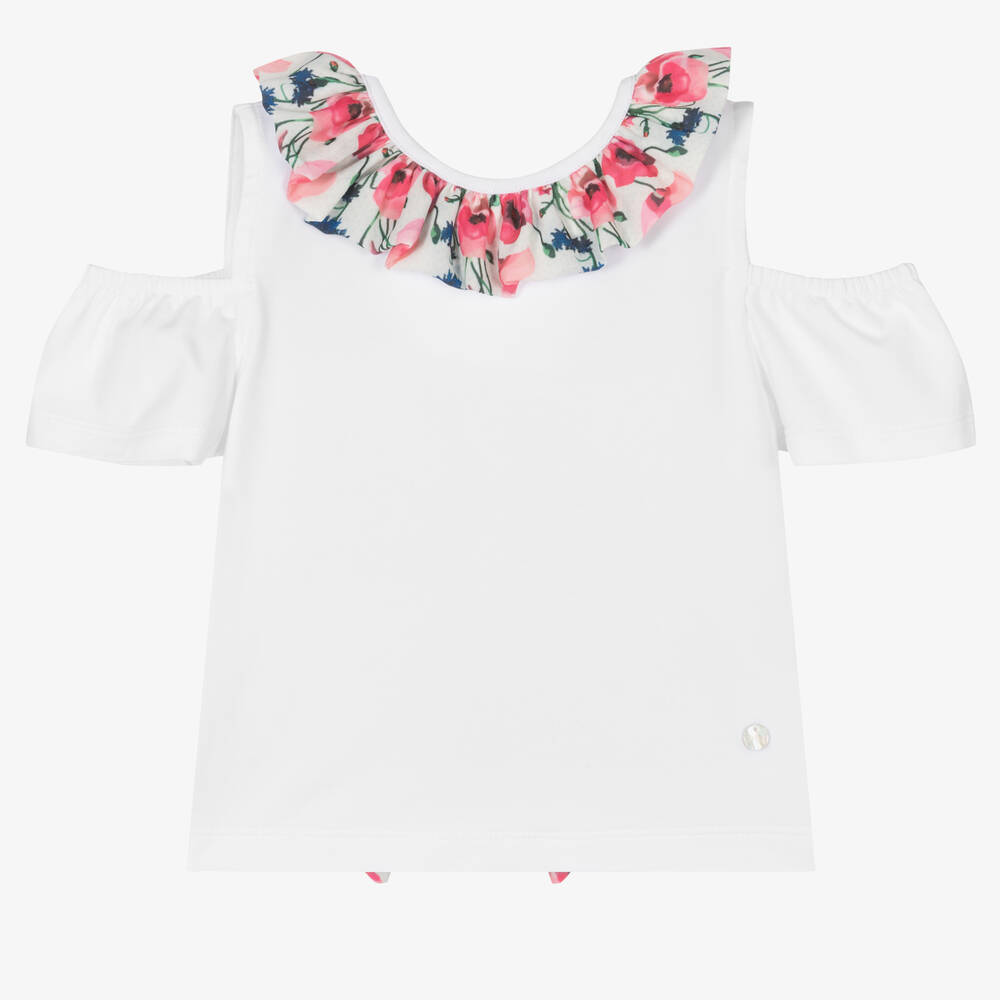 Piccola Speranza - Girls White & Floral Cotton Top | Childrensalon