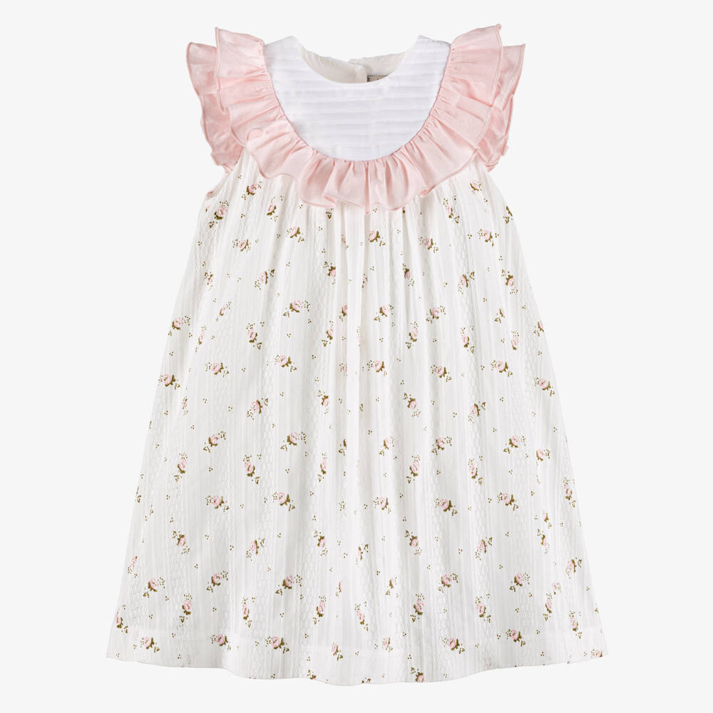 Piccola Speranza-Girls White Floral Print Cotton Dress with Pink Ruffles | Childrensalon Outlet