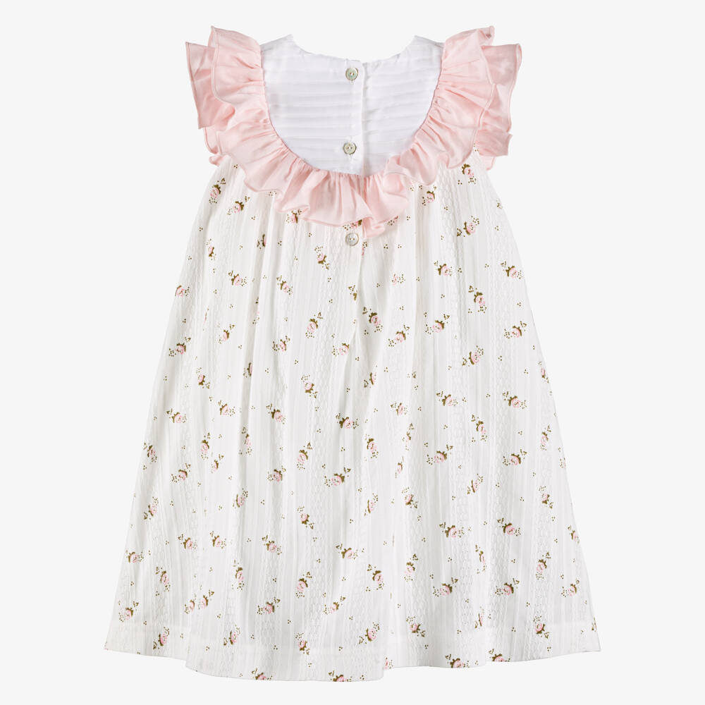 Piccola Speranza-Girls White Floral Print Cotton Dress with Pink Ruffles | Childrensalon Outlet