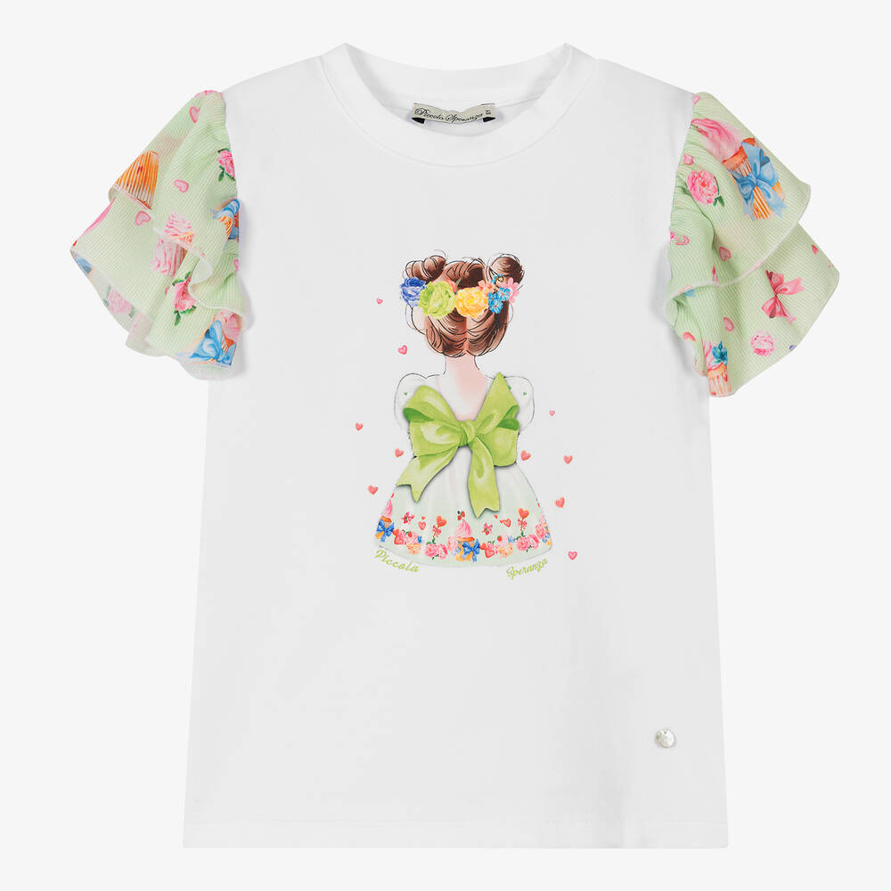 Piccola Speranza - Girls White & Green Cotton T-Shirt | Childrensalon