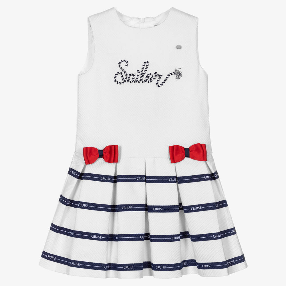 Piccola Speranza - Weißes Baumwollkleid im Marine-Stil | Childrensalon