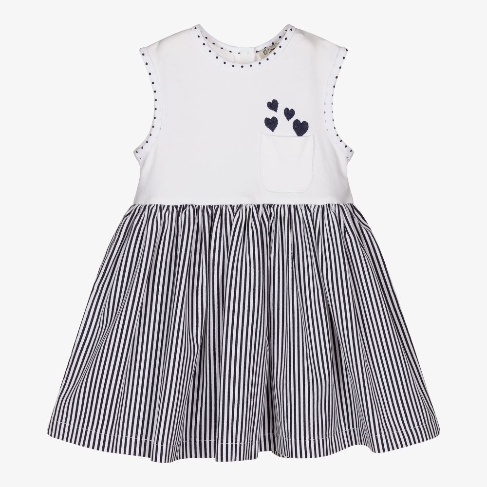 Piccola Speranza - Girls White & Navy Blue Dress | Childrensalon