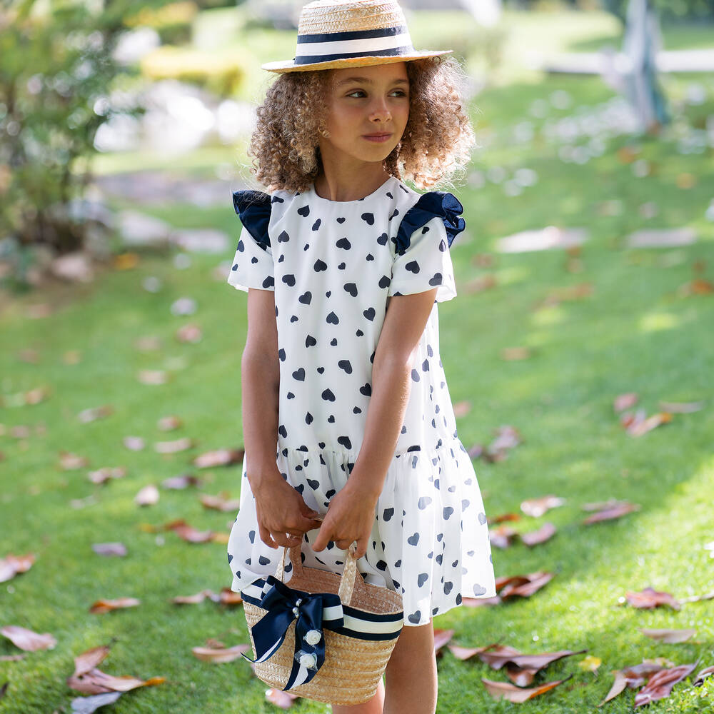 Piccola Speranza-Girls White & Navy Blue Heart Dress | Childrensalon Outlet