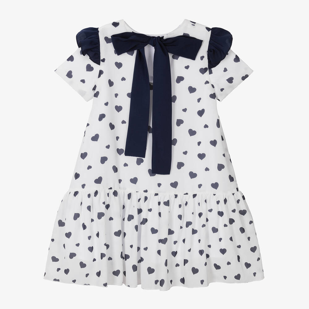 Piccola Speranza-Girls White & Navy Blue Heart Dress | Childrensalon Outlet