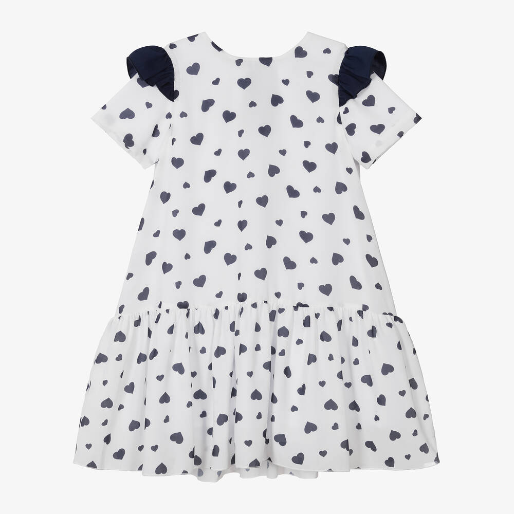 Piccola Speranza-فستان كريب لون أبيض وكحلي بطبعة قلوب | Childrensalon Outlet