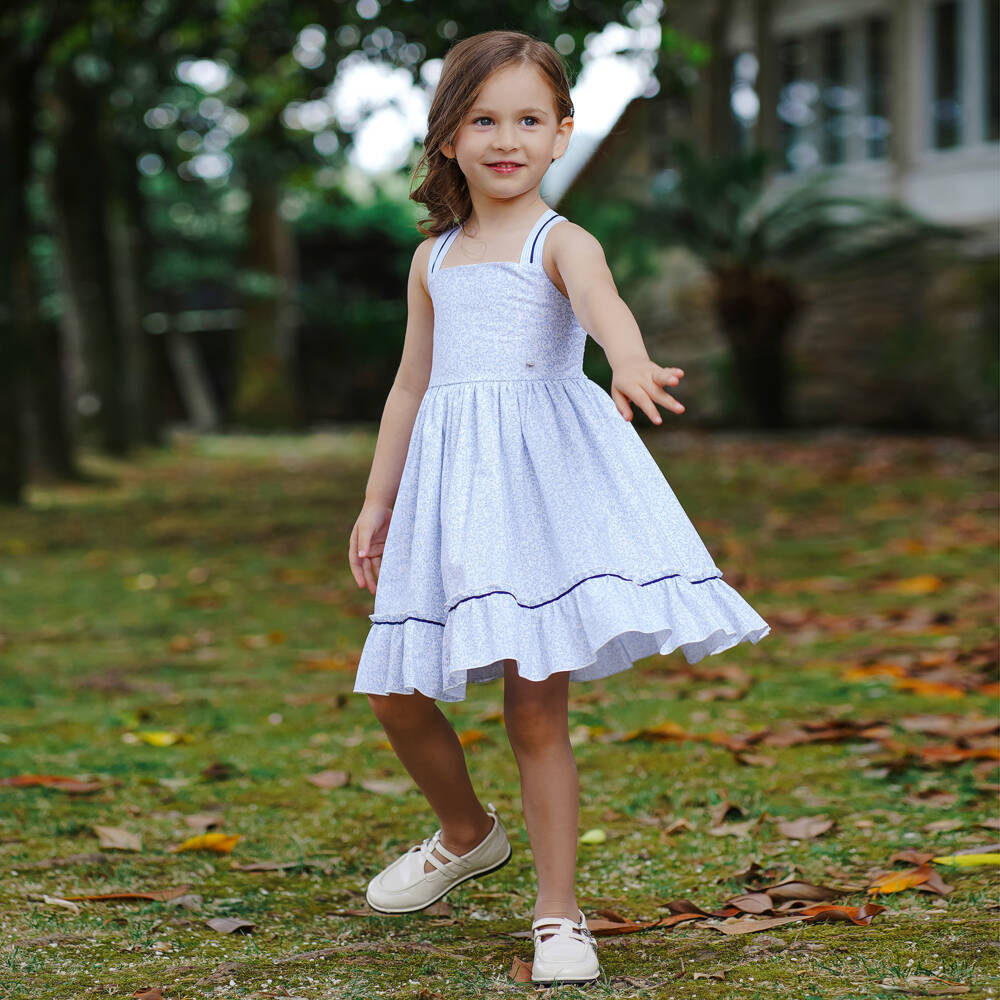 Piccola Speranza-Girls White & Pale Blue Ditsy Floral Print Sundress | Childrensalon Outlet