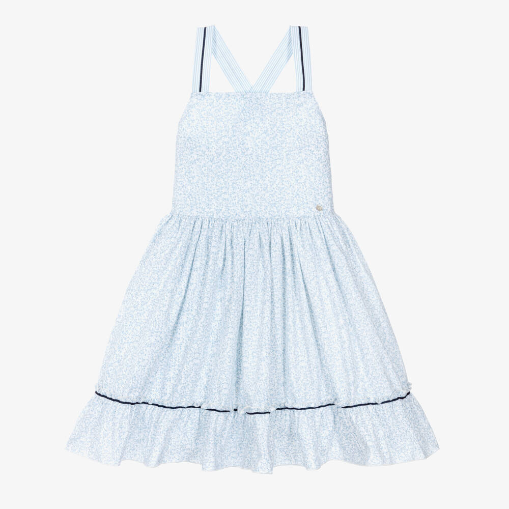 Piccola Speranza-Girls White & Pale Blue Ditsy Floral Print Sundress | Childrensalon Outlet