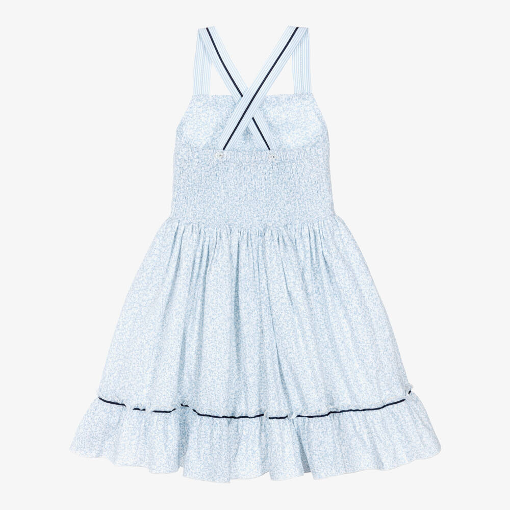 Piccola Speranza-Girls White & Pale Blue Ditsy Floral Print Sundress | Childrensalon Outlet