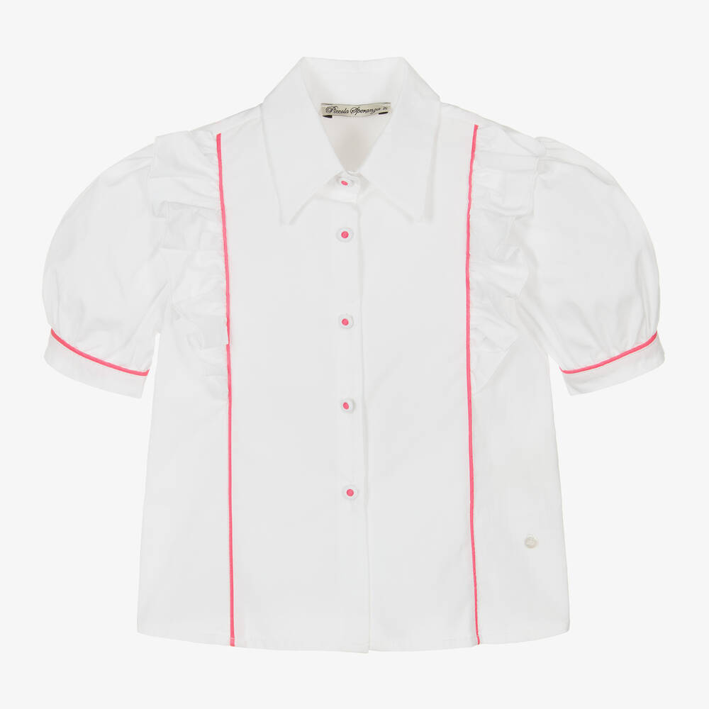 Piccola Speranza-Girls White & Pink Cotton Blouse | Childrensalon Outlet